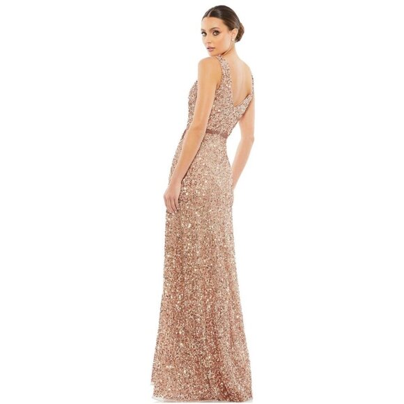 NWT Mac Duggal V-Neck High Slit Sequined Wrap Gown 16 Copper #8058 - Picture 3 of 11